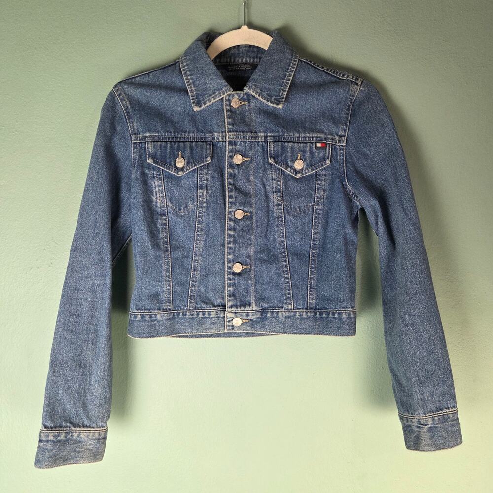 Vintage Tommy Hilfiger Women Small Denim Cropped Jean Jacket Y2K Layering Spring